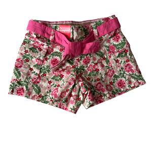 New Gap girls pink floral shorts superlastic belt pockets sz 6 adjustable waist